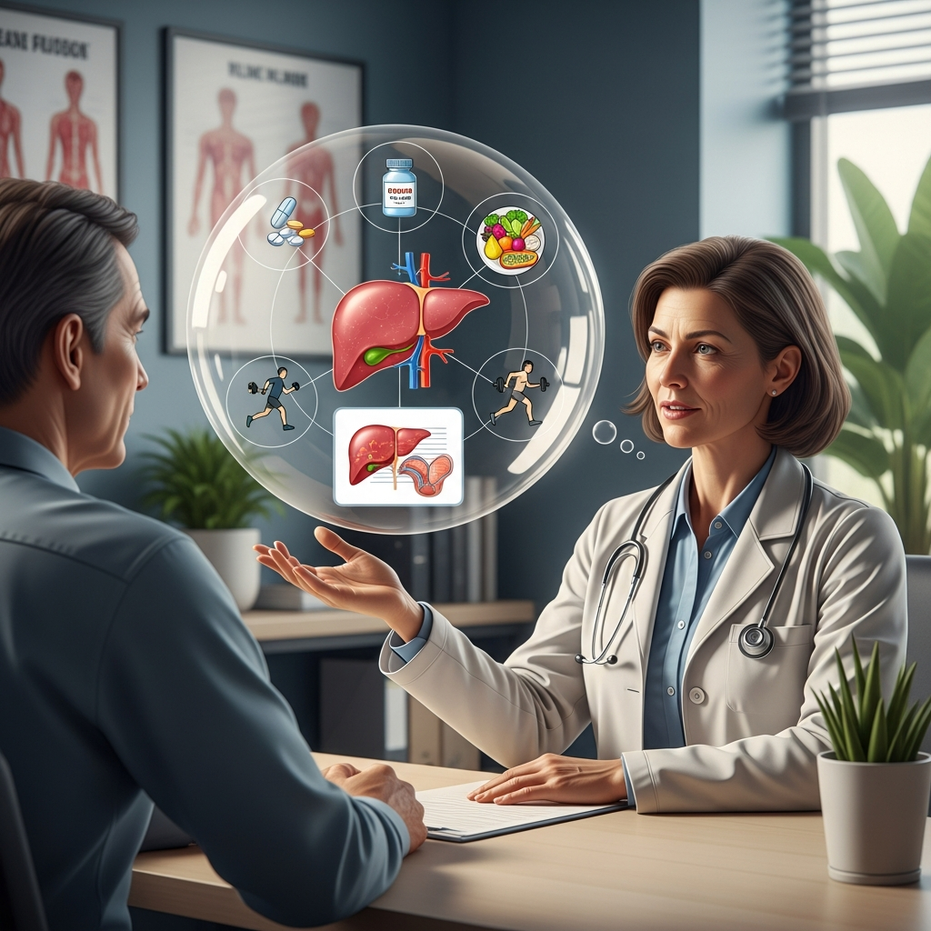 Doctor consulting patient about liver cirrhosis treatment, with icons for medication, diet, exercise, and transplant.