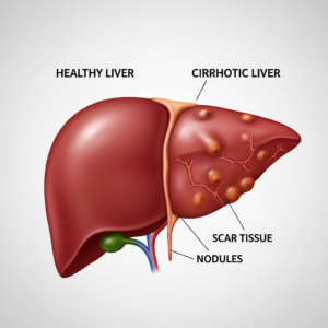 Side-by-side medical illustration of a healthy liver and a cirrhotic liver with labeled scar tissue.