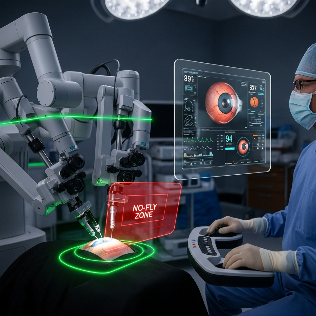Robotic eye surgery safety systems and no-fly zone technology