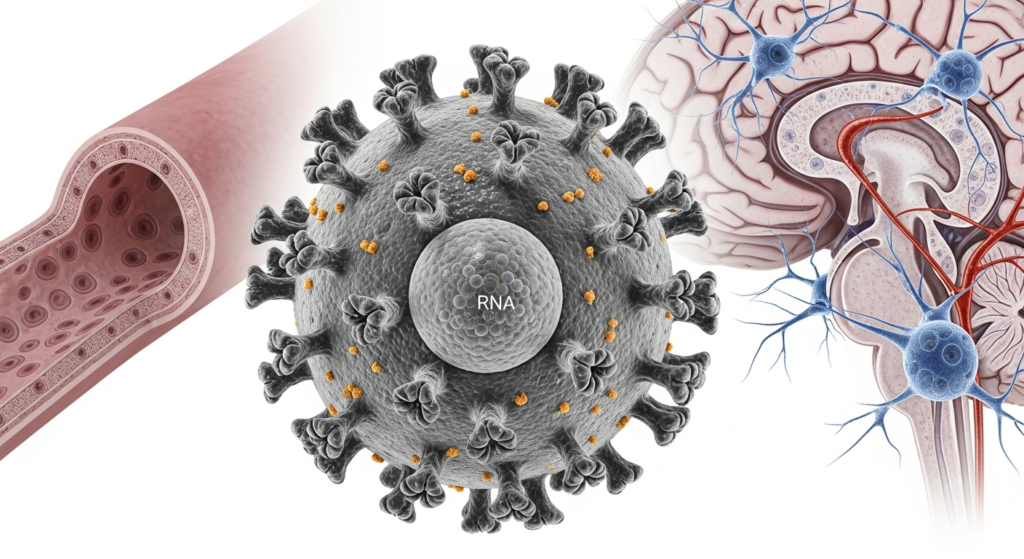 Nipah Virus: Clinical Management Nipah virus structure showing viral glycoproteins and brain endothelial infection