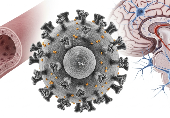 Nipah virus structure showing viral glycoproteins and brain endothelial infection