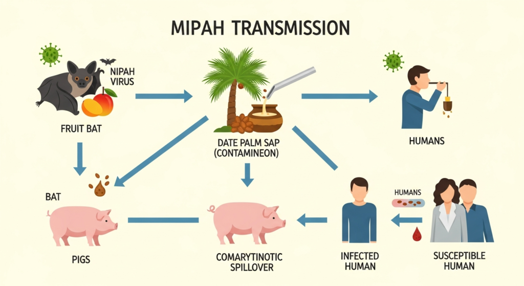 Nipah virus transmission from bats, pigs, contaminated food, and human contact