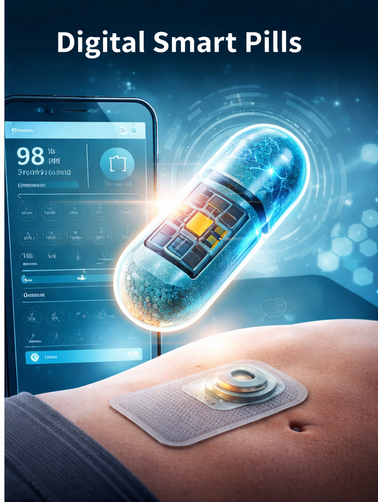 Smart pill with an ingestible sensor showing digital medicine and medication tracking technology
