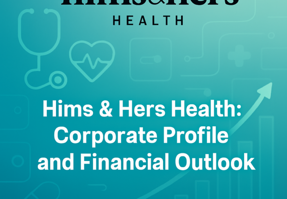 Digital illustration of Hims & Hers Health branding with telehealth icons and financial growth chart on teal background