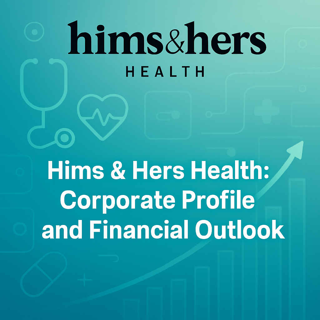 Digital illustration of Hims & Hers Health branding with telehealth icons and financial growth chart on teal background